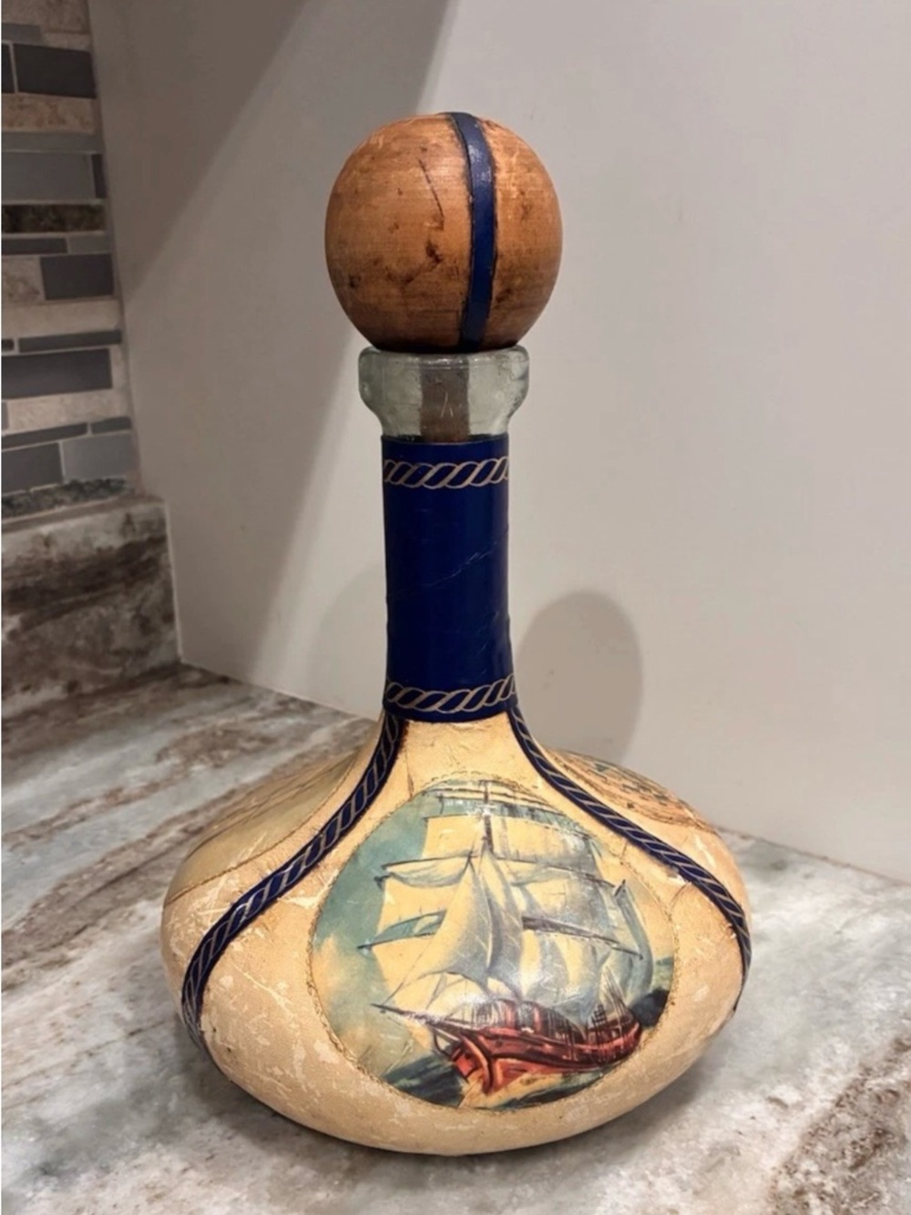 Vintage Mid Century Leather Wrapped Glass Liquor Decanter Nautical Motif Italy